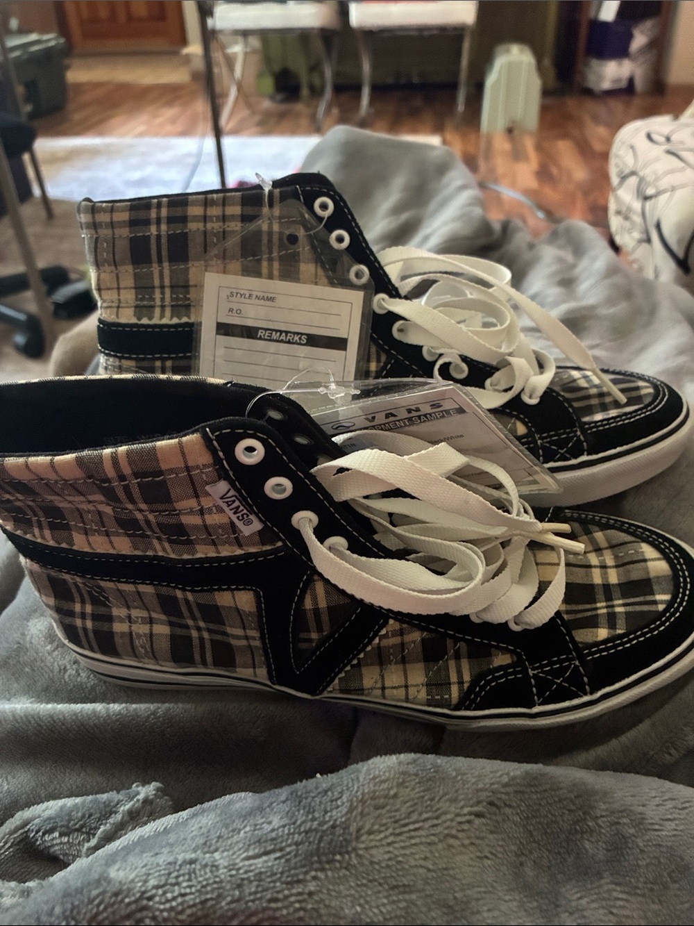 Vans High-Top Plaid Sneakers in Black, Cream & Tan